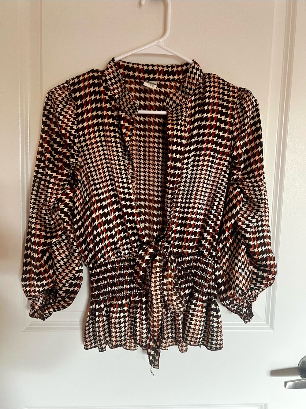 Brown & Orange Houndstooth Tie-Waist Blouse Size M/L Office Peplum V Neck